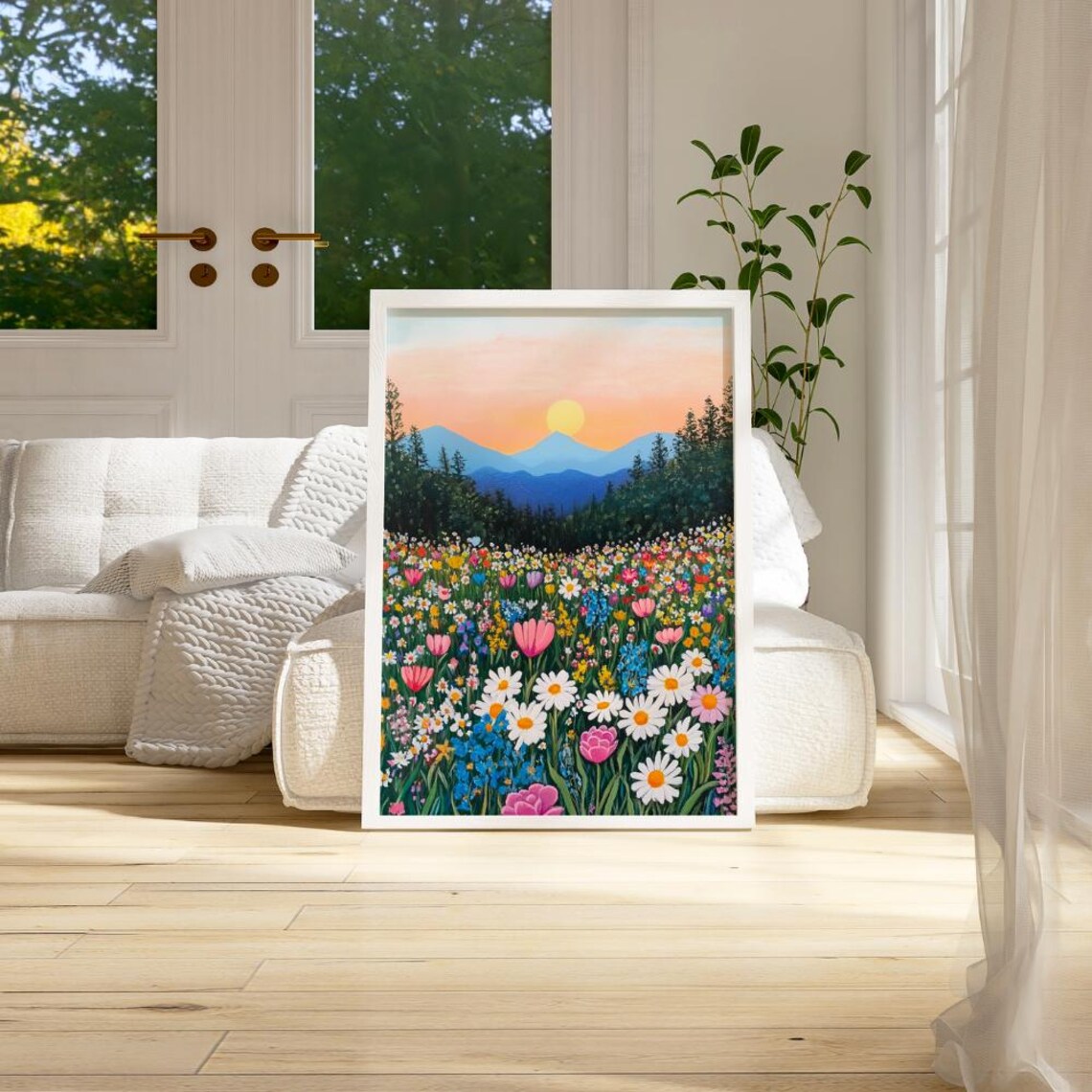 Wildflower Meadow Sunset Mountain Landscape Colorful Floral Wall Poster - Image 3
