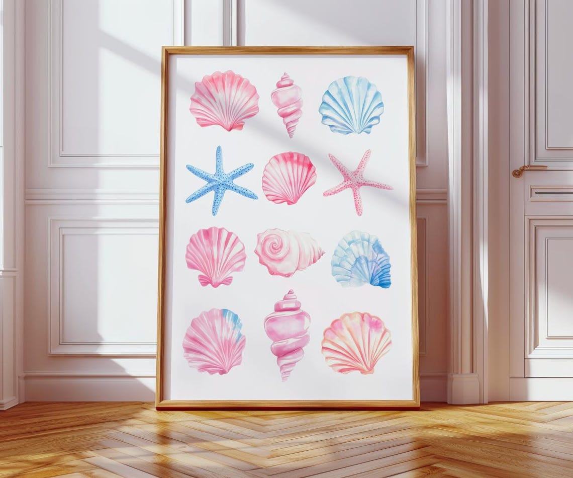 Pastel Seashell And Starfish Grid Watercolor Beach House Wall Poster - Image 2