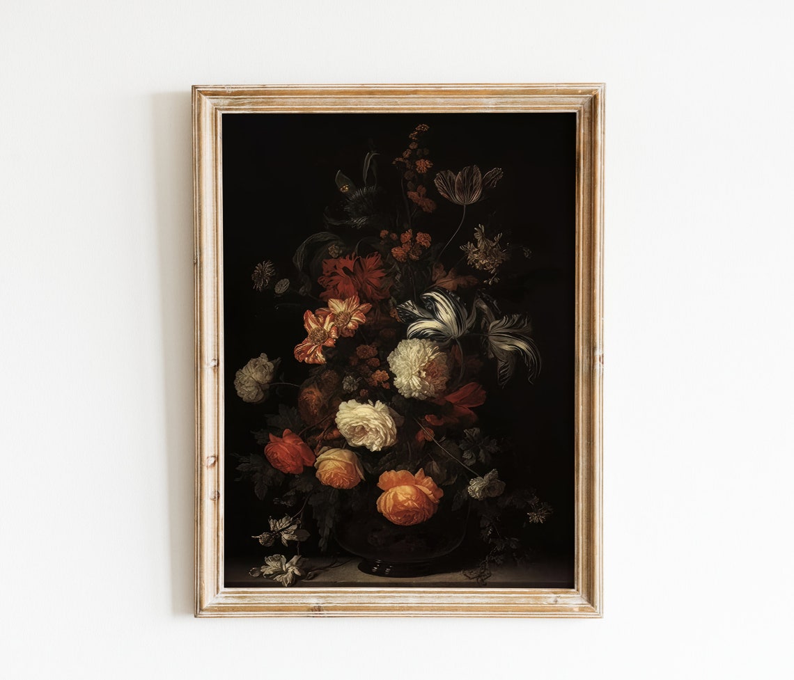 Dark Moody Floral Still Life Mixed Roses Marigolds On Black Poster - Image 3