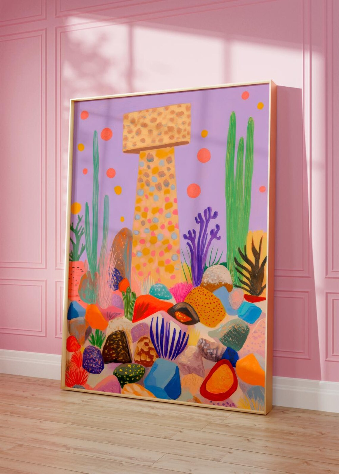 Midcentury Modern Rock Collage, Desert Cactus Art