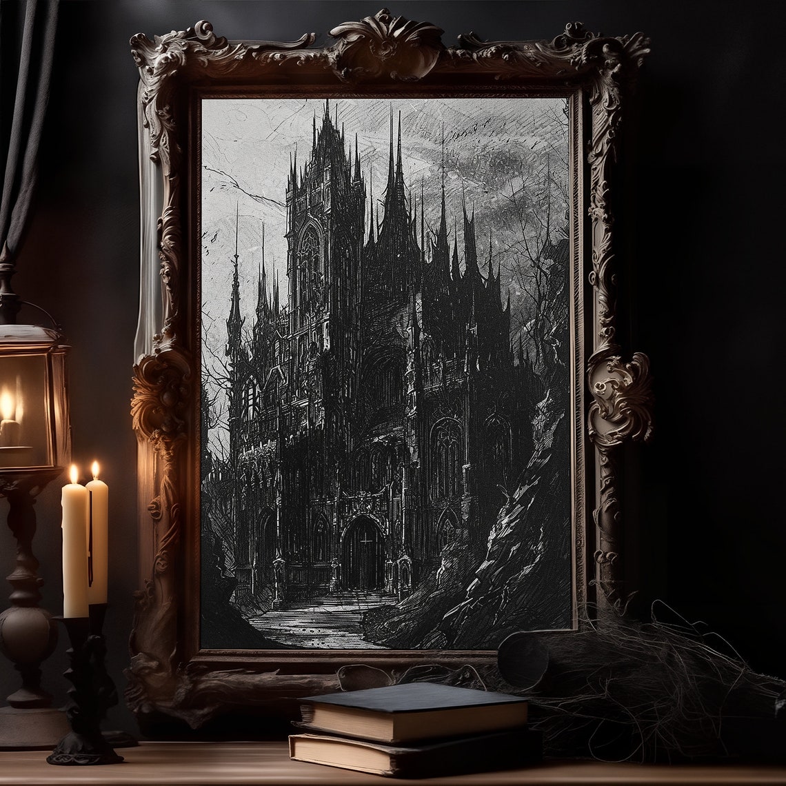 Dark Gothic Cathedral Charcoal Sketch Spooky Architecture Poster - Image 2