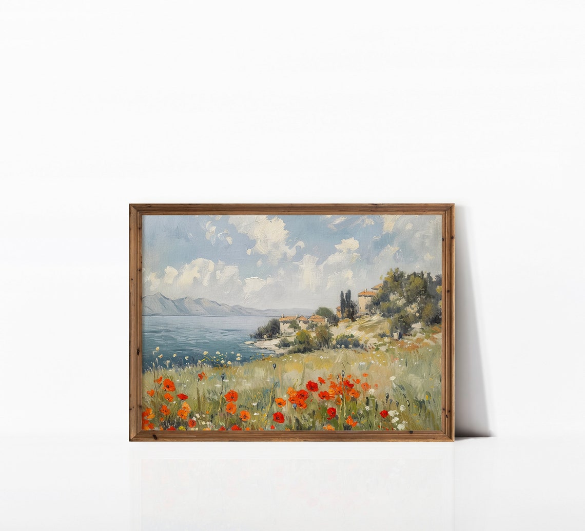 Mediterranean Coastal Village With Red Poppies Sunny Seaside Print - Image 3