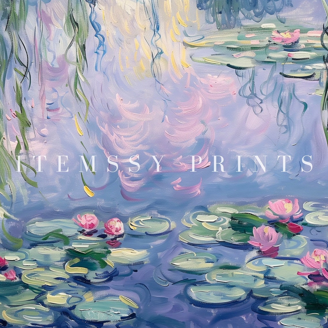 Water Lilies With Willow Reflections Lavender Monet Style Art Poster - Image 2
