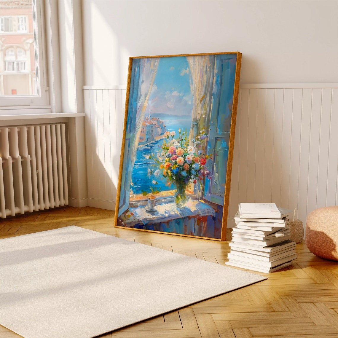 Wildflowers Vase Windowsill Overlooking Coastal Harbor Town Poster - Image 3