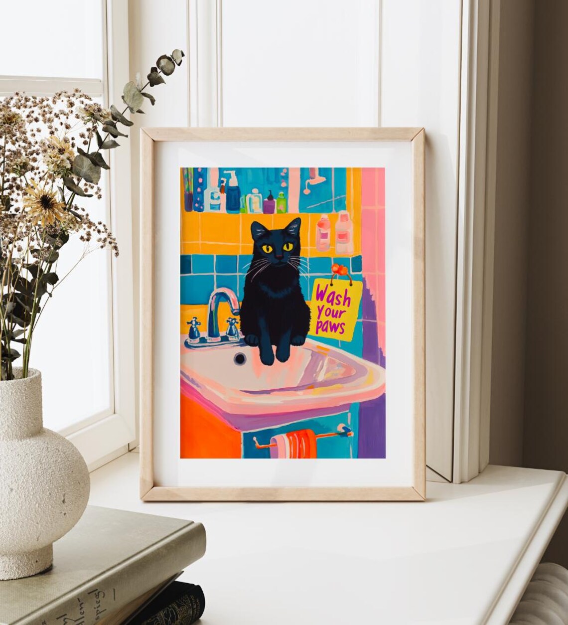 Wash Your Paws Black Cat Bathroom Art Print Funny Maximalist Dopamine Decor - Image 4