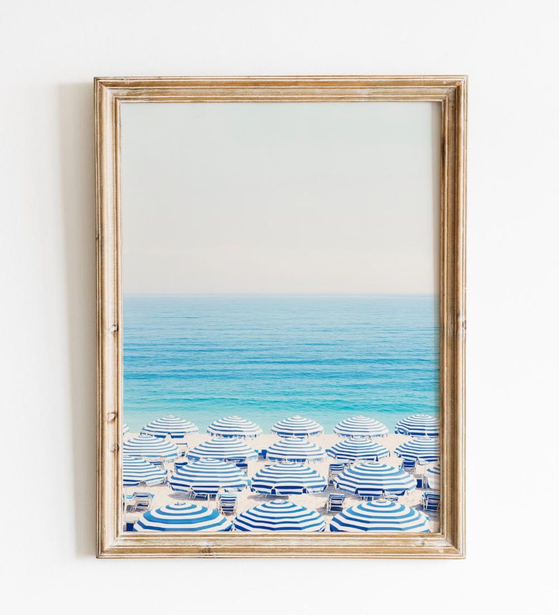 Blue White Striped Beach Umbrellas Calm Ocean Coastal Art Poster