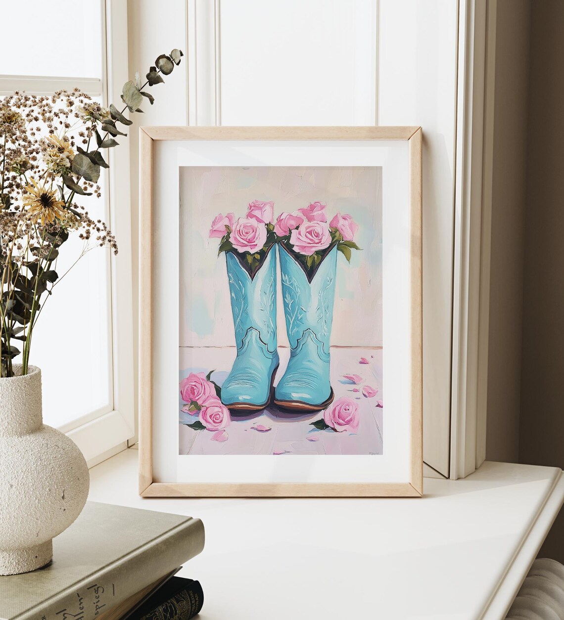 Turquoise Cowboy Boots Pink Roses Western Floral Nursery Poster - Image 3