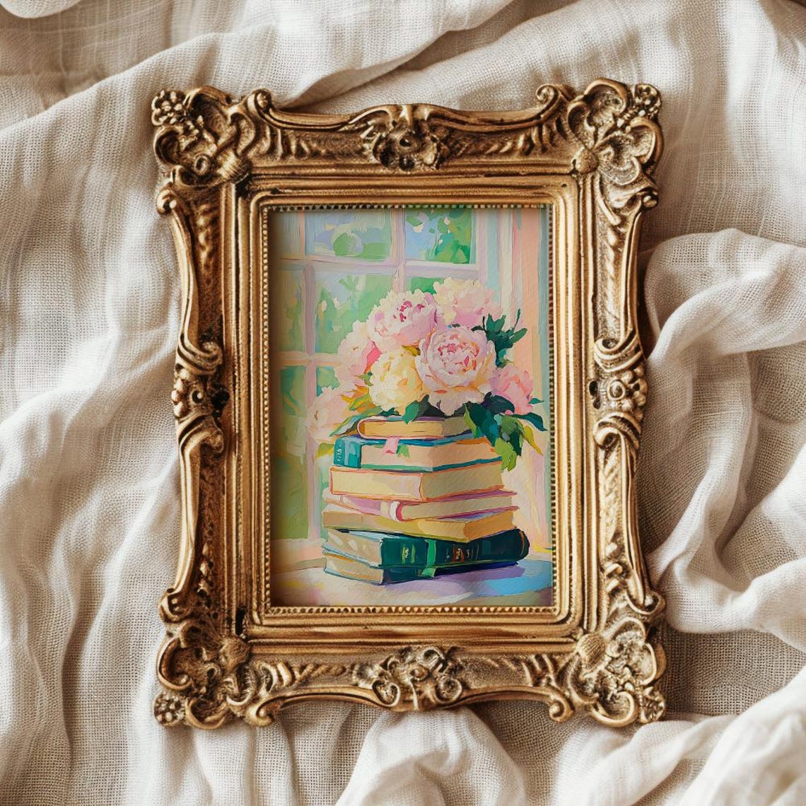 Pink Peonies on Stack of Books by Window Reading Nook Art Print - Image 2