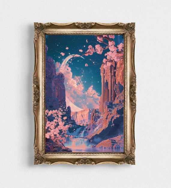 Abstract Landscape Art Moody Dark Academia Aesthetic Starry Print Blue Landscape Night Sky Painting Vintage Crescent Moon Dark Art
