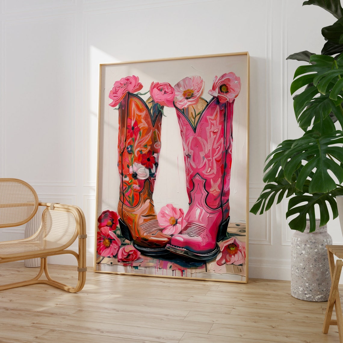 Pink Cowboy Boots Floral Painting Western Pink and Orange Boot Poster - Image 2