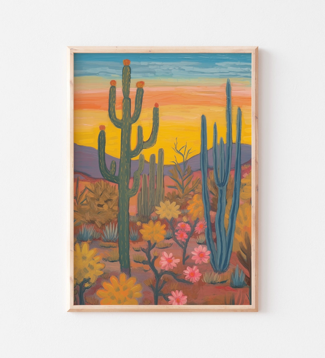 Desert Sunset Saguaro Cacti Wildflowers Southwest Landscape Poster - Image 2