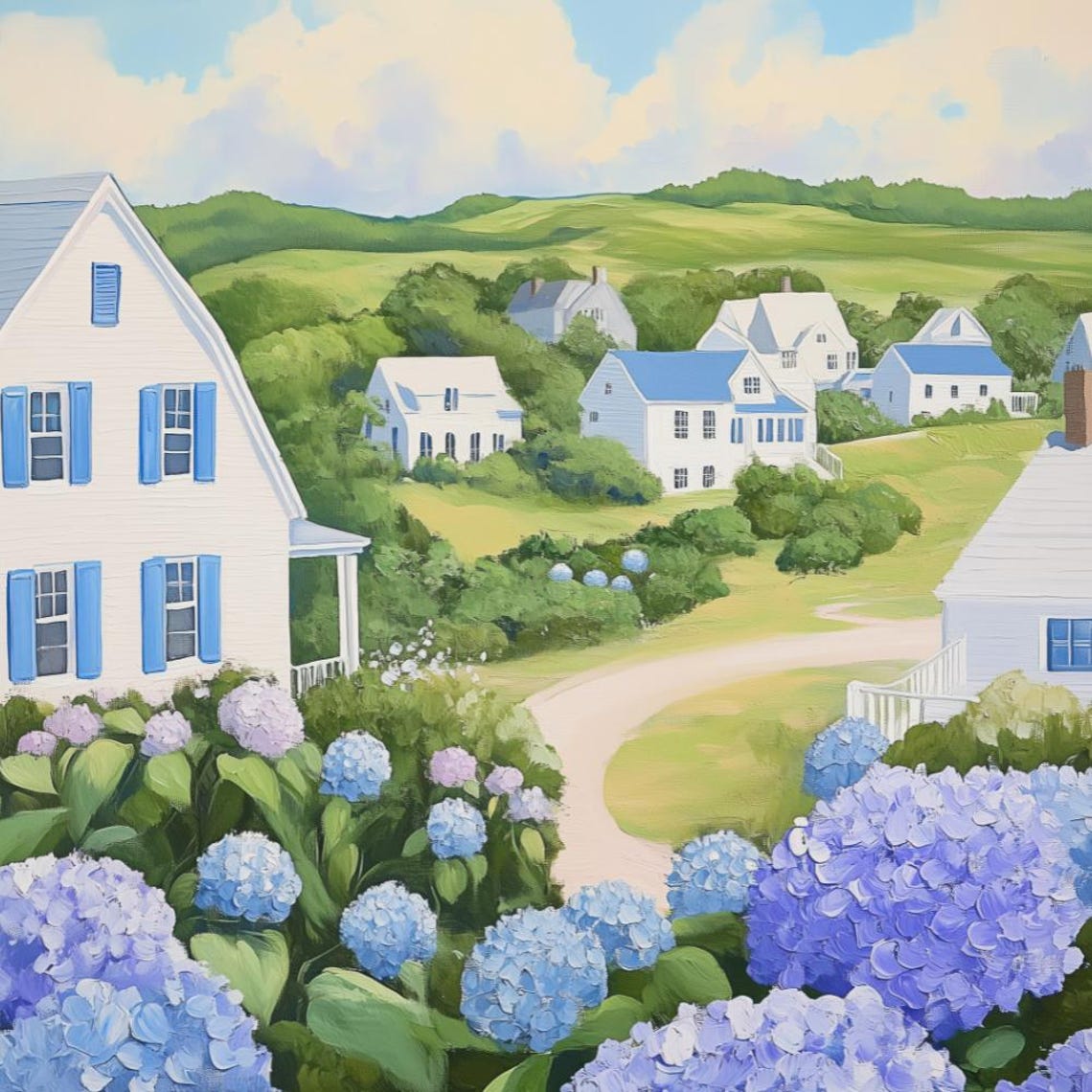 Coastal Village Lane White Cottages Hydrangeas Summer Poster - Image 2