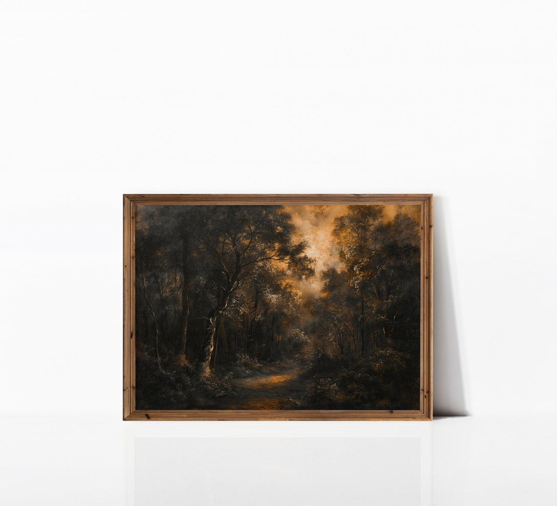 Dark Forest Path Lit by Golden Light Moody Woods Painting Print - Image 2