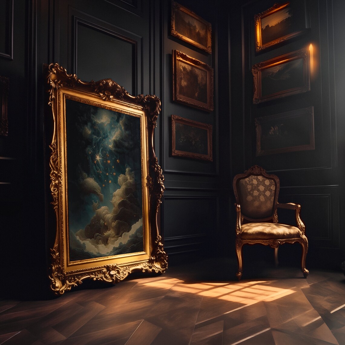 Golden Stars Swirling Dark Clouds Celestial Night Art Poster - Image 3