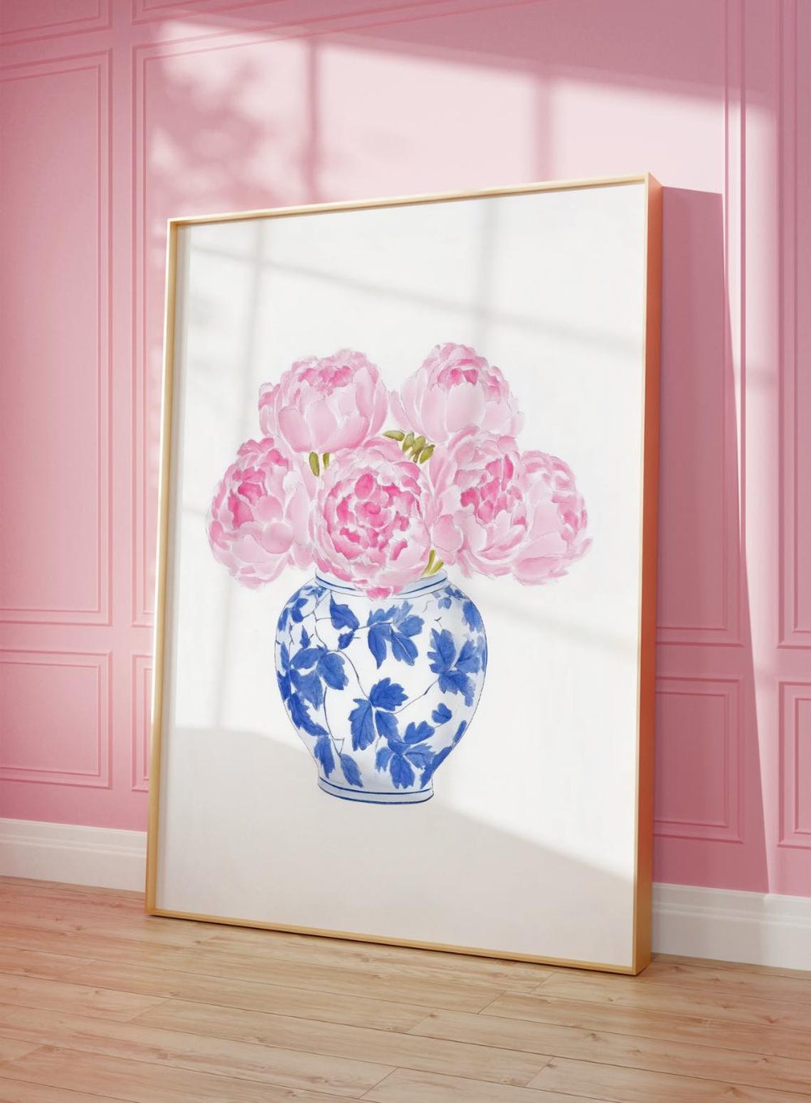 Pink Peonies In Blue White Chinoiserie Ginger Jar Watercolor Poster - Image 2
