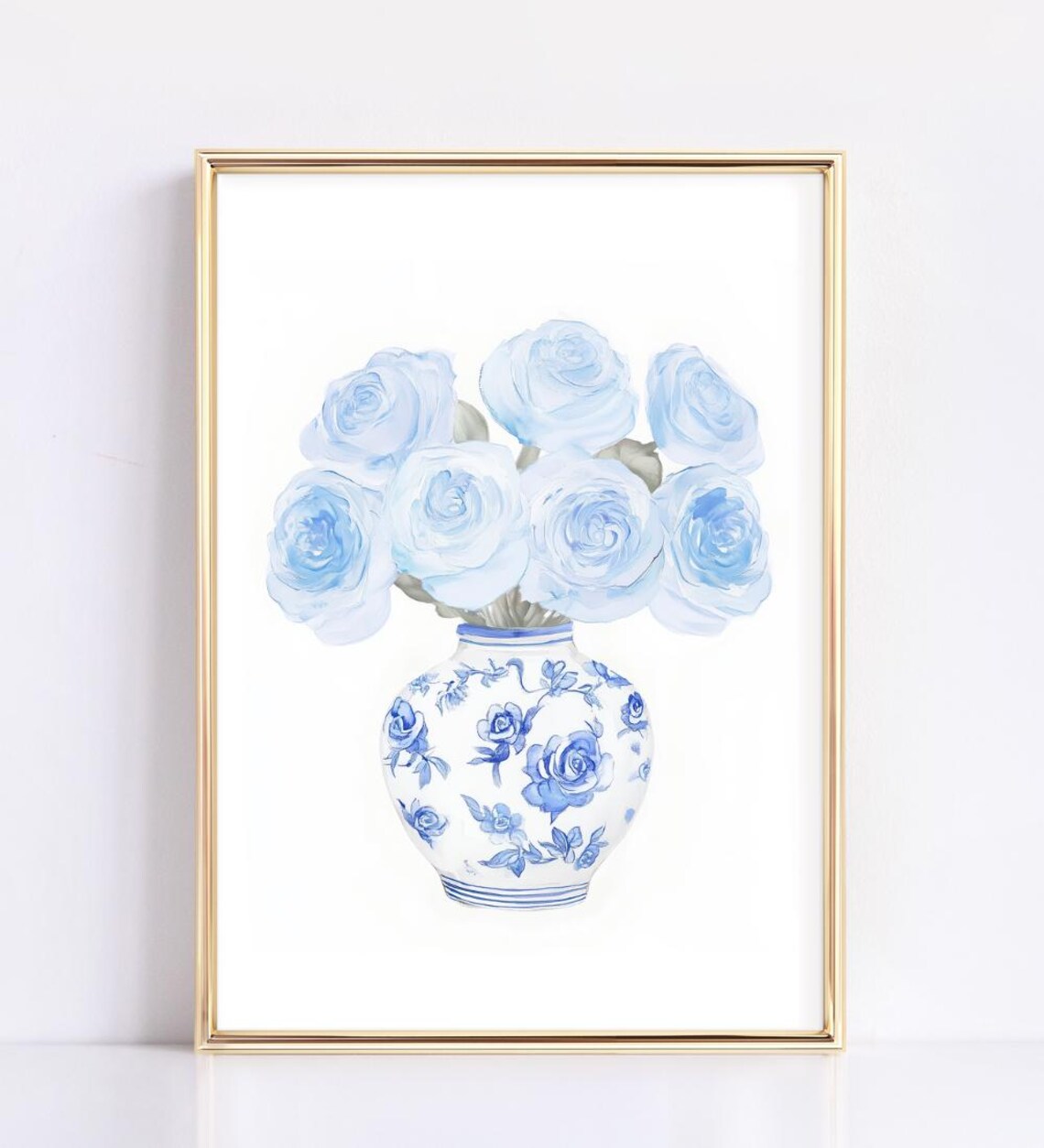 Blue Roses Chinoiserie Vase Watercolor Floral Classic Style Poster