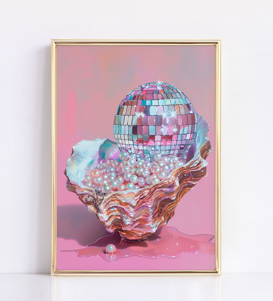 Disco Ball in Oyster Shell with Pearls Pink Whimsical Art Poster