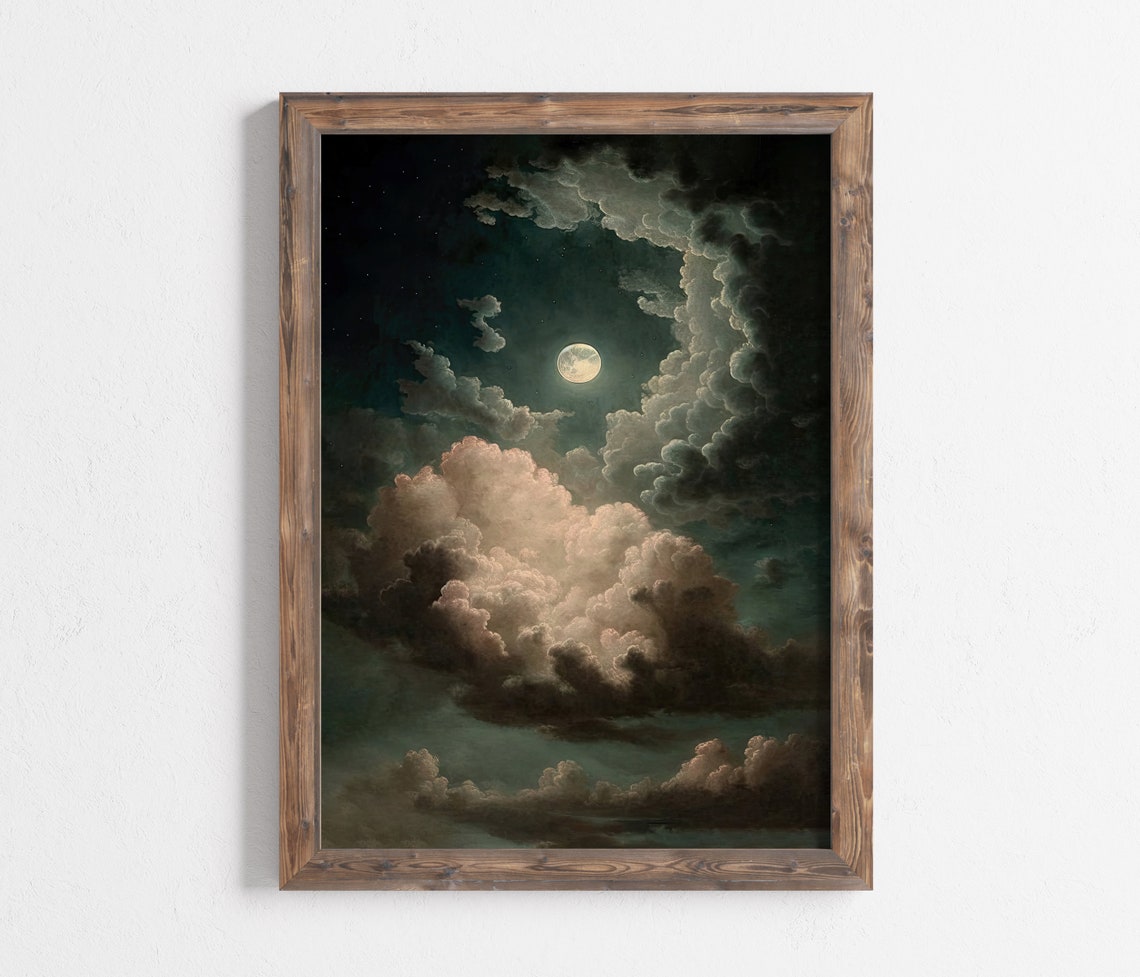 Moonlit Cloud Vortex Vintage Night Sky Painting Glow Art Poster - Image 2