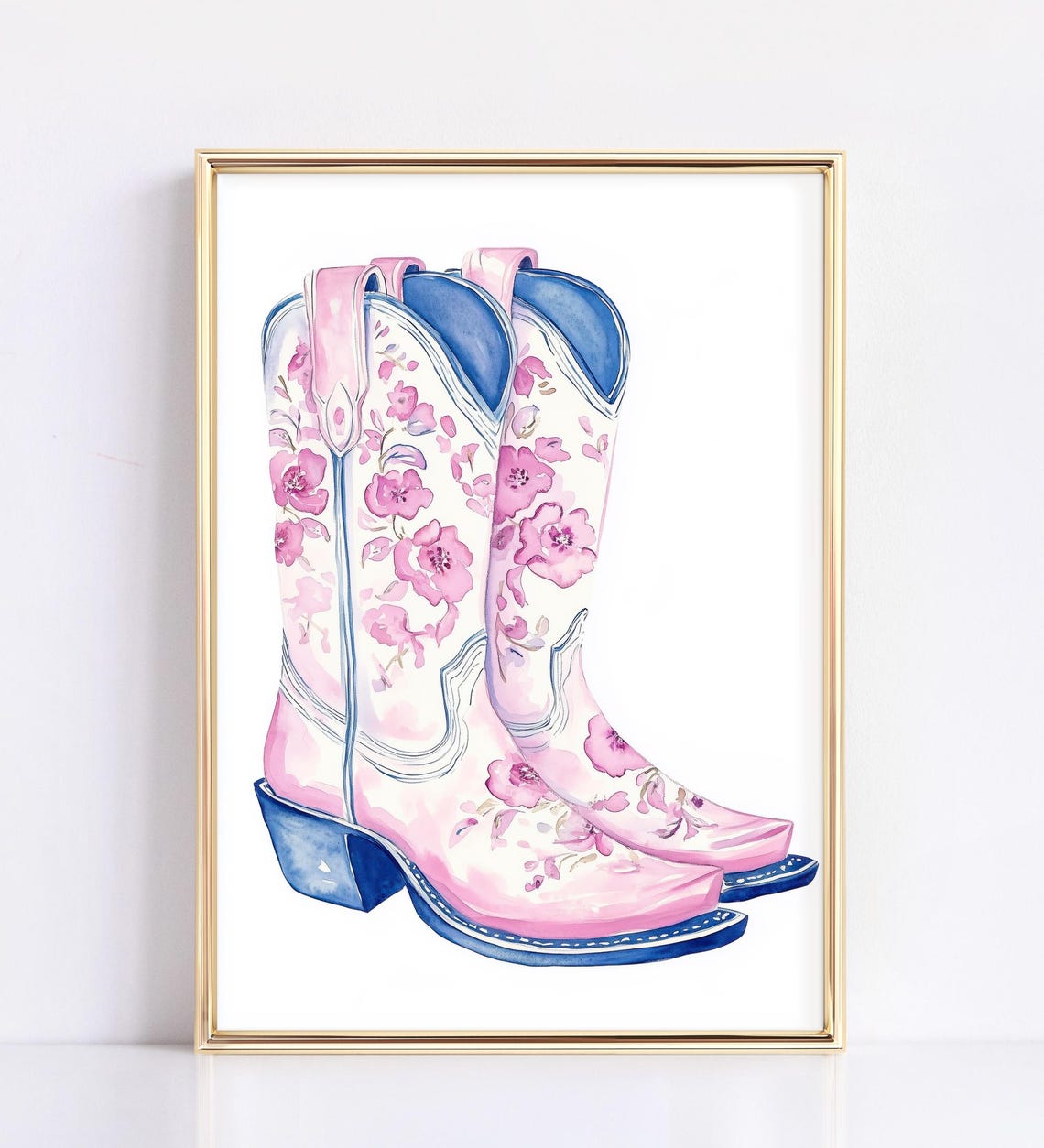 Pink Blossom Cowboy Boots Watercolor Floral Western Wall Art - Image 2