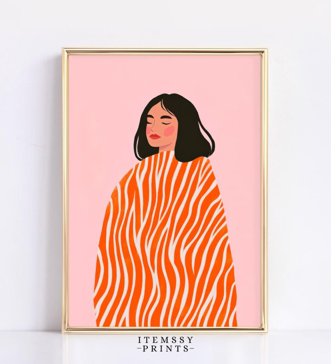 Woman in Orange Zebra Striped Dress on Pink Background Art Poster - Image 2
