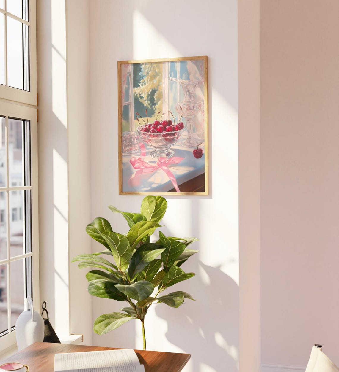 Cherries Crystal Bowl Pink Ribbon Sunny Window Still Life Poster - Image 3