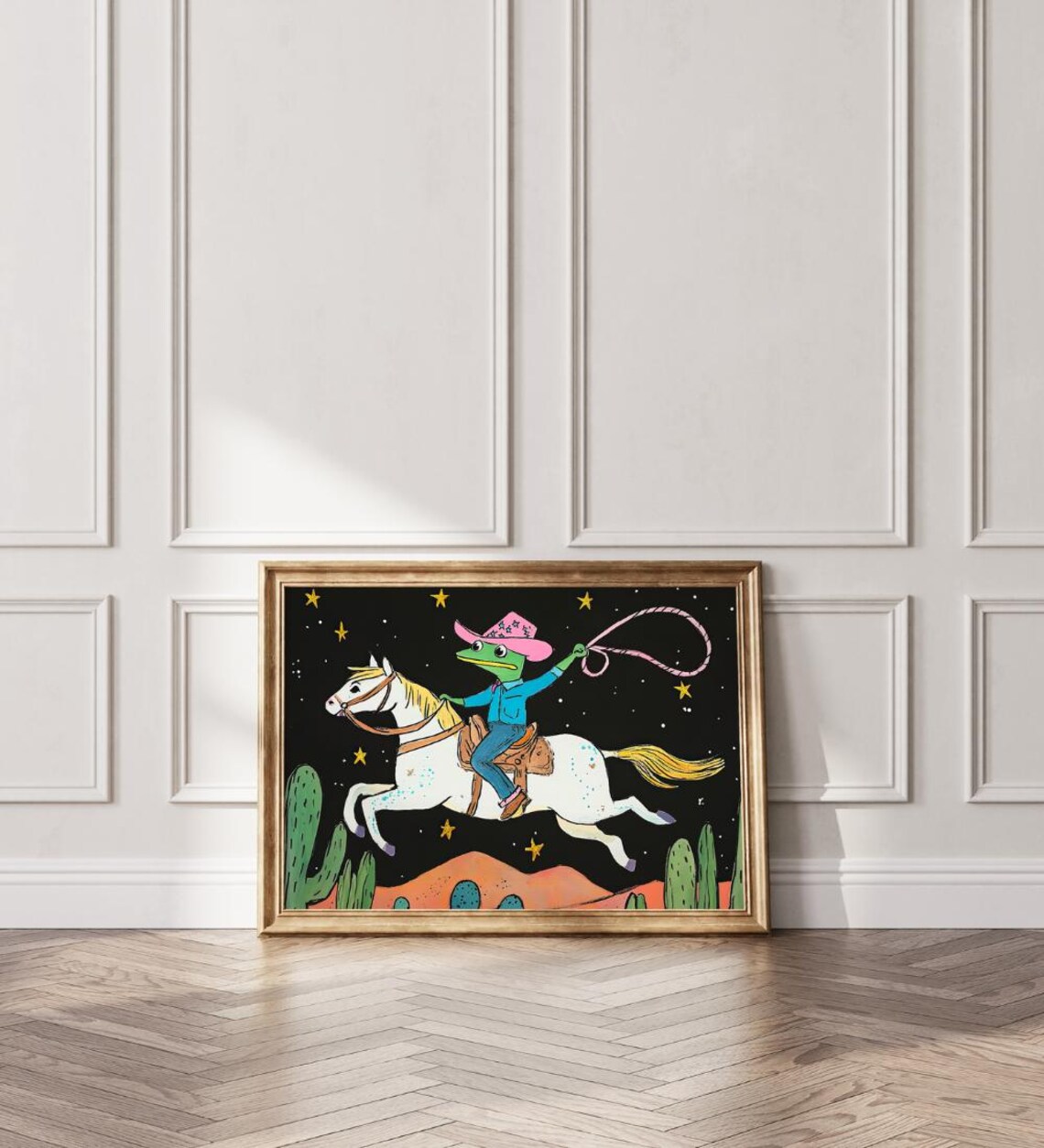 Whimsical Cowboy Frog Riding Horse, Vintage Rodeo Art - Image 2
