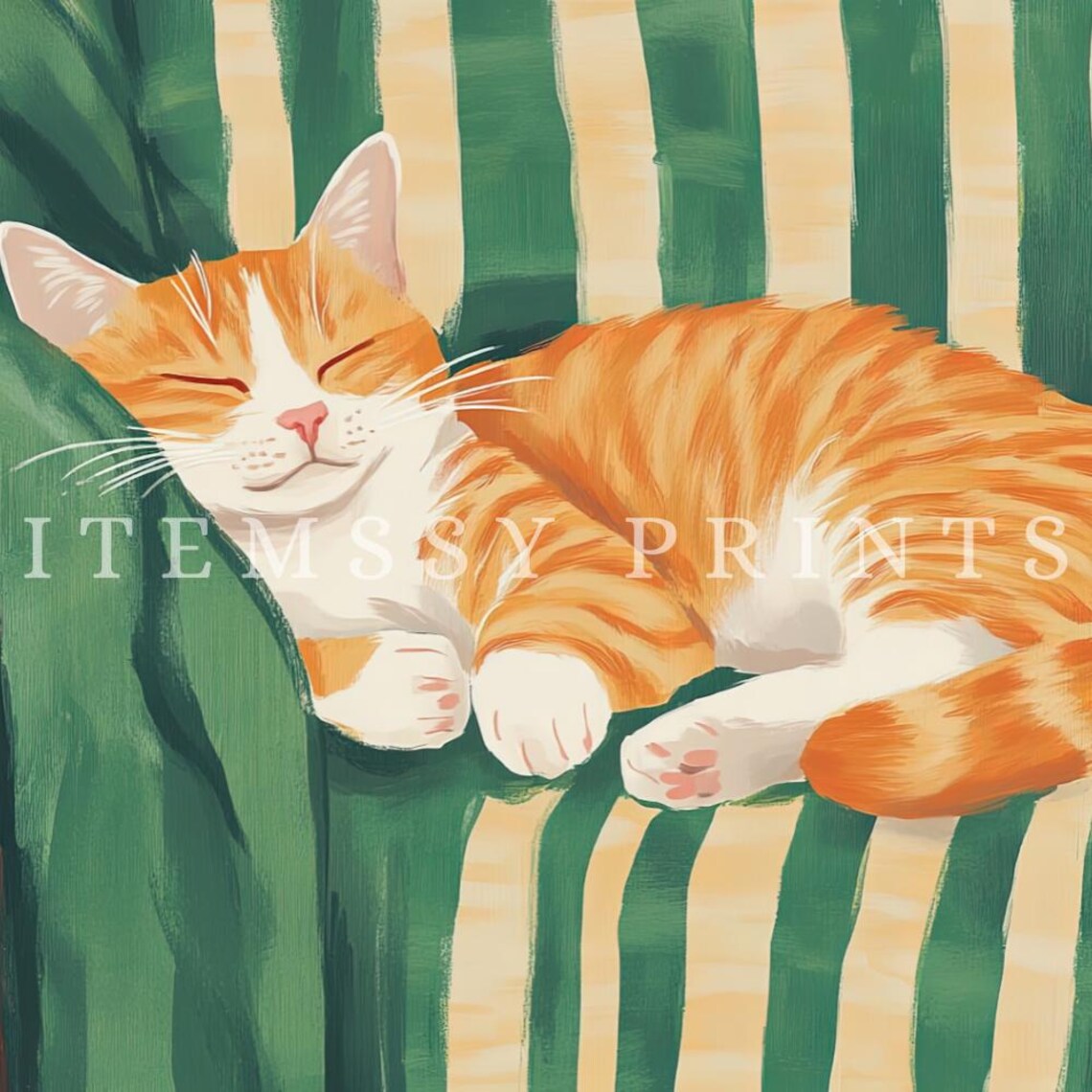 Orange Tabby Cat Napping on Striped Chair Cozy Sleeping Feline Art Poster - Image 2