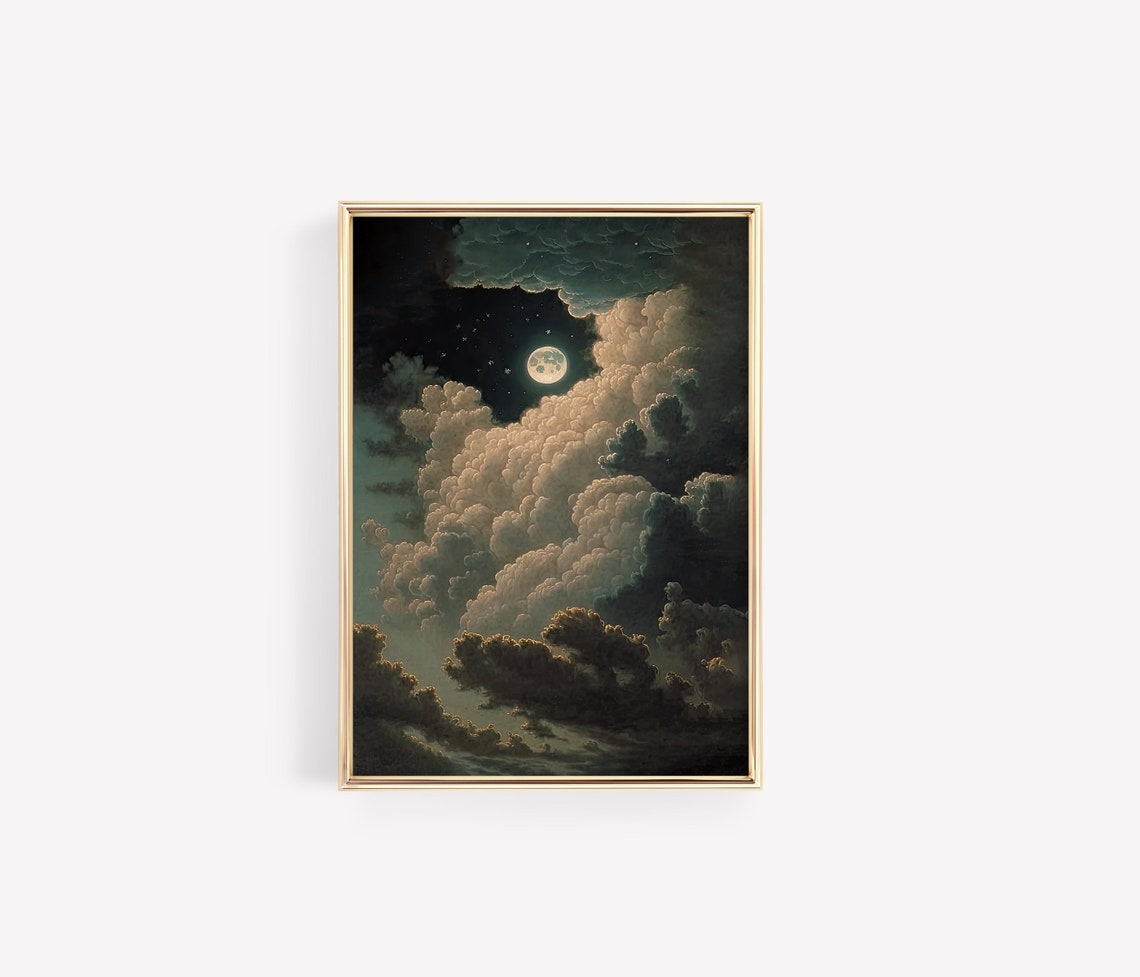 Full Moon Behind Storm Clouds Dramatic Vintage Night Sky Art Poster - Image 3