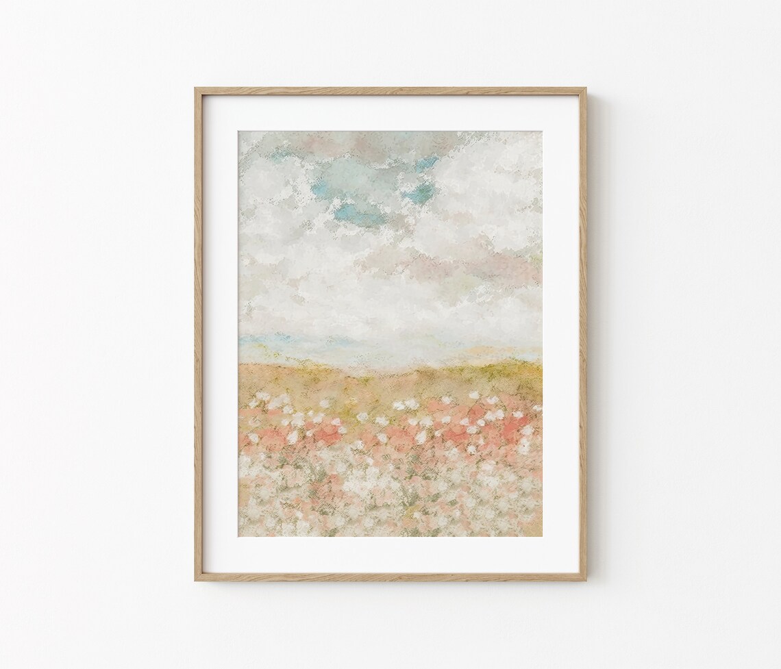 Spring Landscape Print Cloudy Sky Wall Art Country Farmhouse Landscape Oil Painting Neutral Pastel Wall Art Girls Room - Image 2