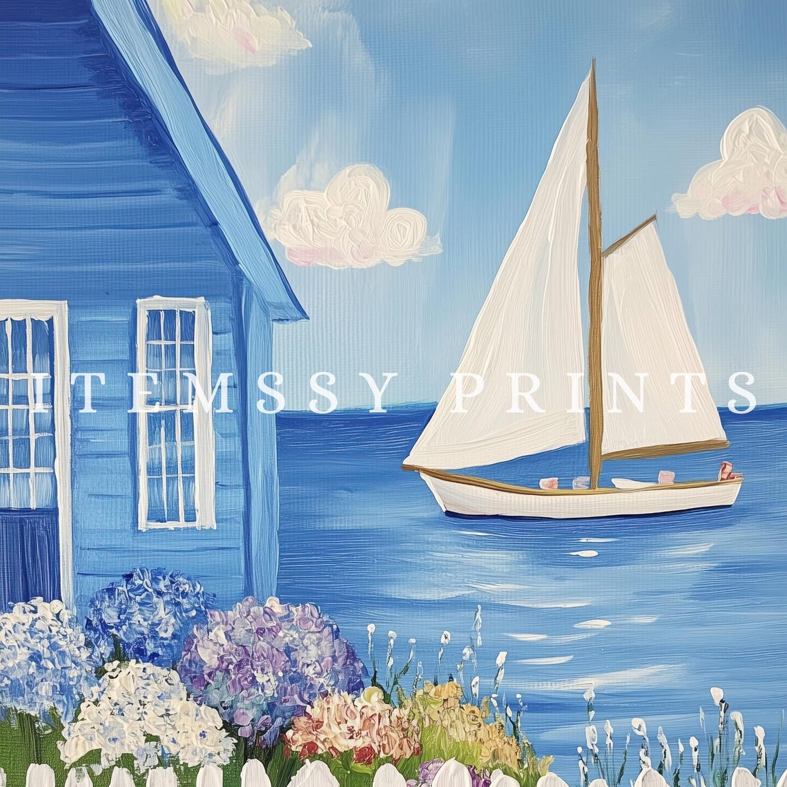 Nantucket Blue Cottage Sailboat Picket Fence Seaside Art Poster - Image 2