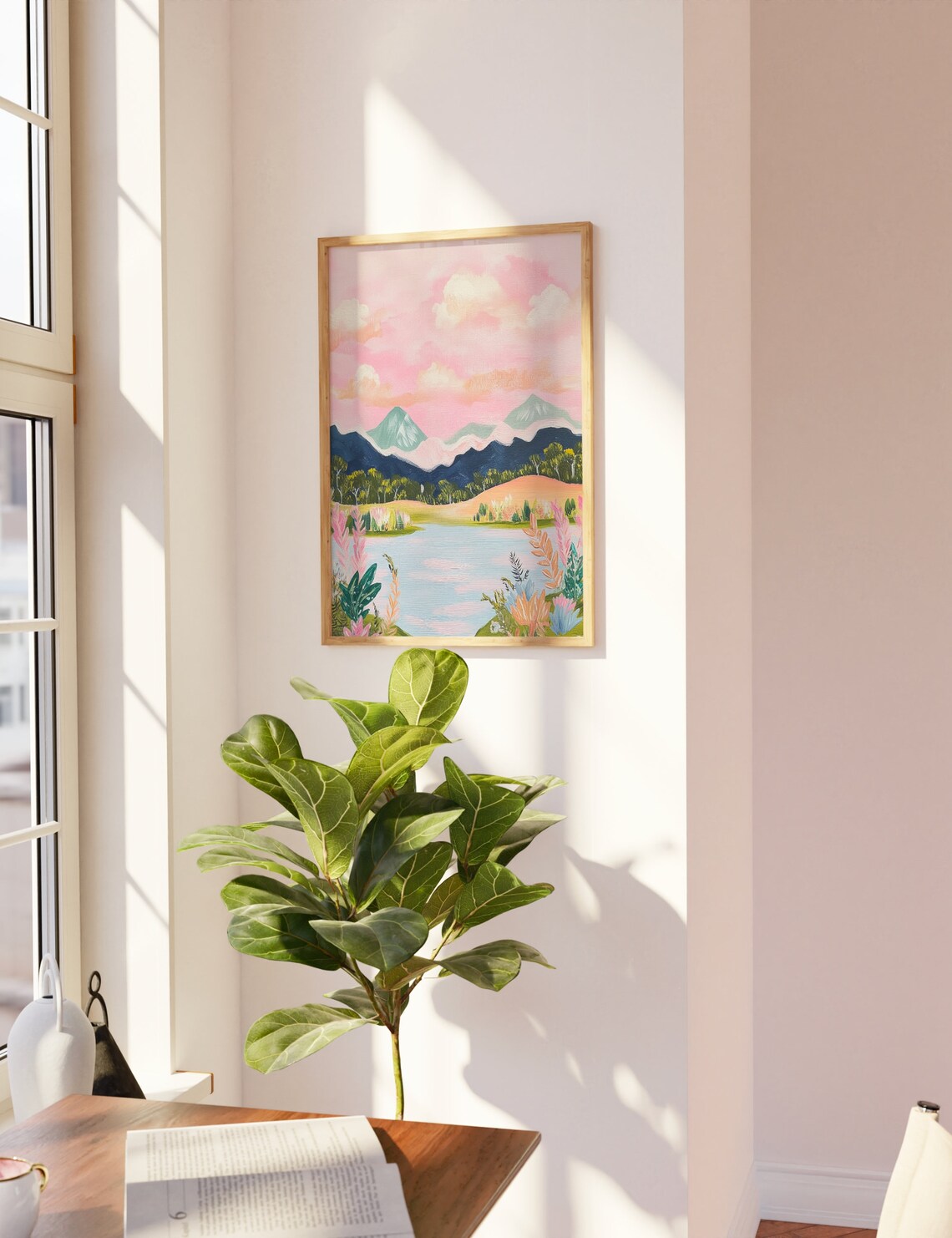 Pastel Pink Mountain Lake Sunset Dreamy Modern Landscape Art Poster - Image 3
