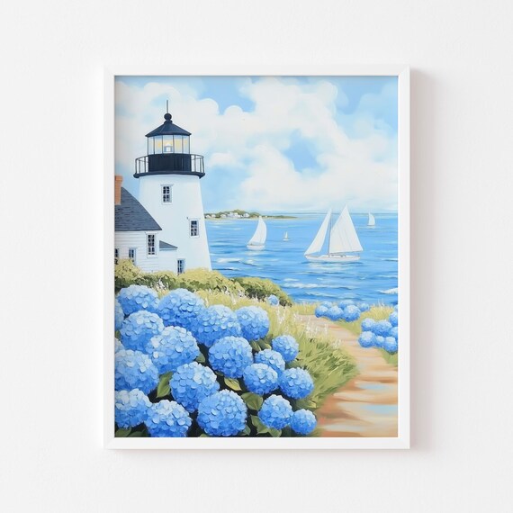 Lighthouse Sailboats Hydrangeas Seaside Path Coastal Art Poster