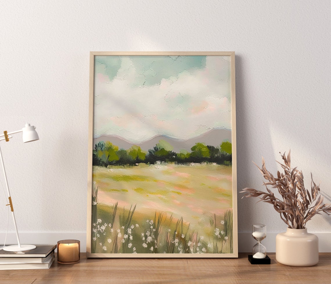 Green Meadow Mountain Trees Wildflower Field Landscape Poster - Image 2