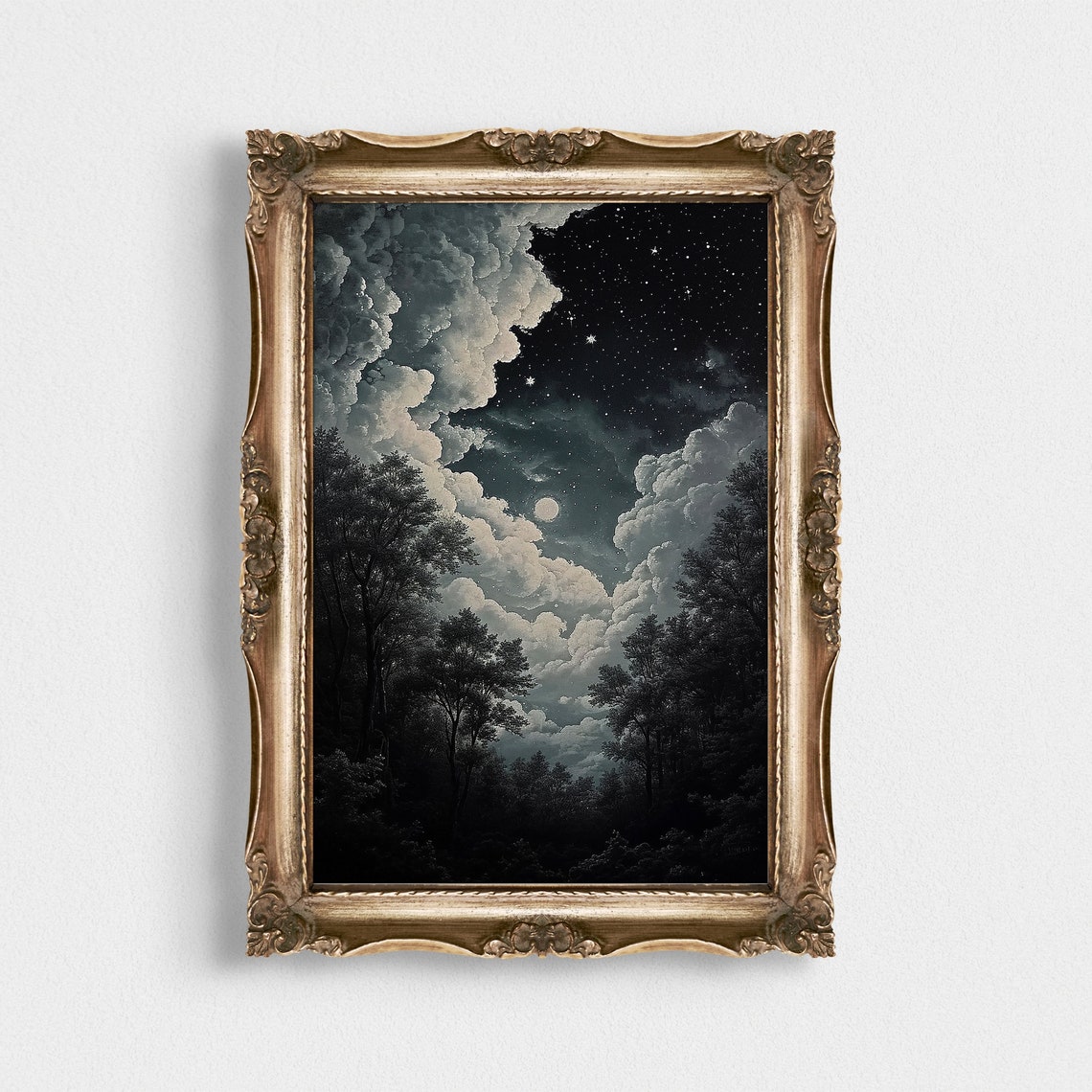 Moon Behind Parted Clouds Starry Gray Night Sky Painting Poster