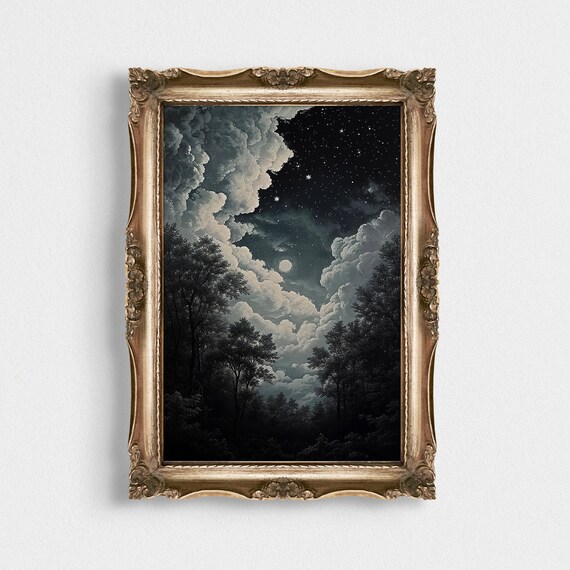 Moon Behind Parted Clouds Starry Gray Night Sky Painting Poster