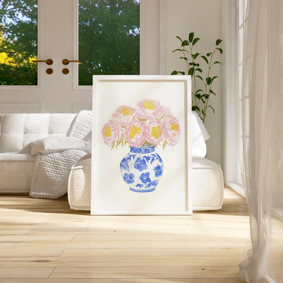 Pink Yellow Peonies Blue White China Vase Floral Watercolor Print - Image 3