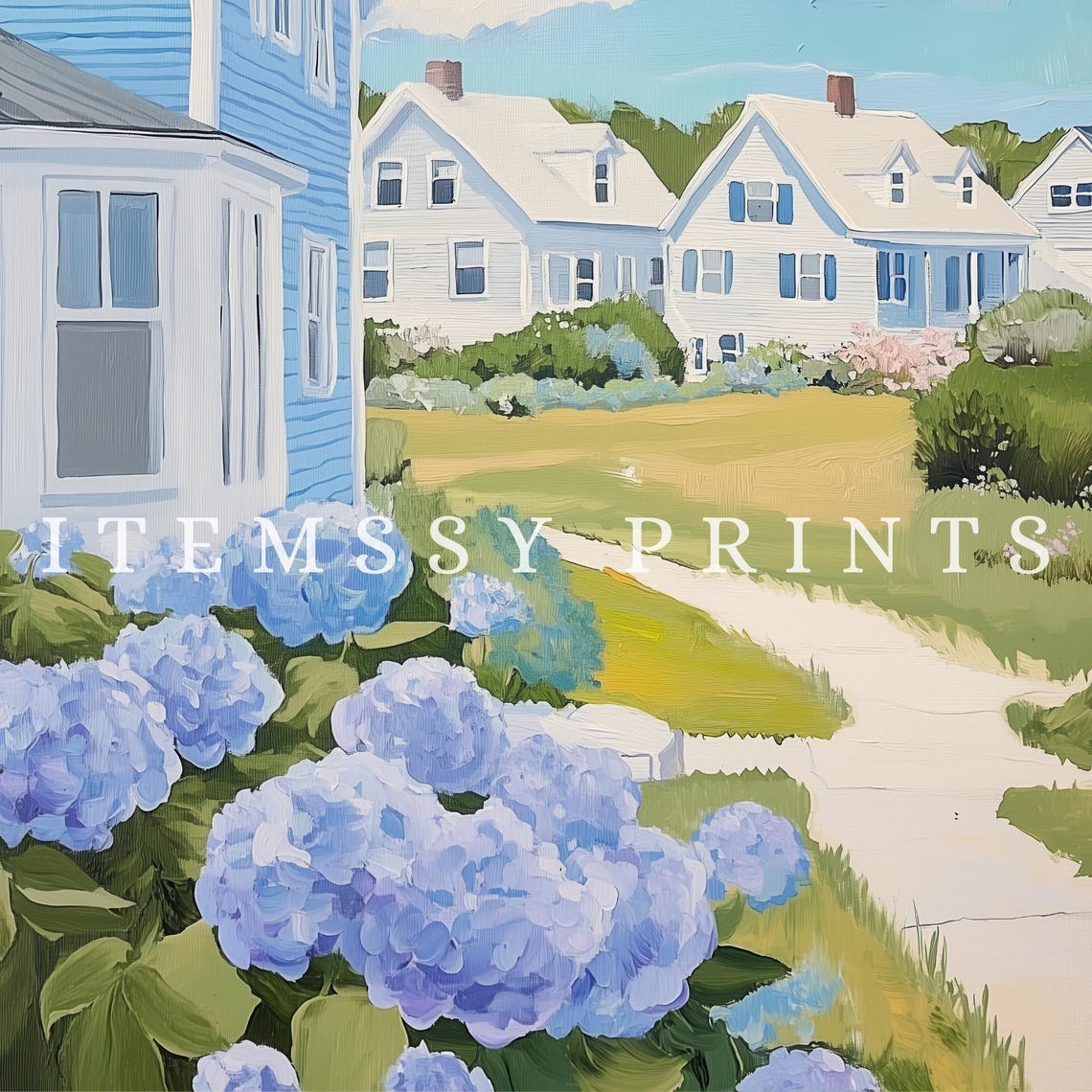 Nantucket Cottage Street Blue Hydrangeas Vintage Coastal Poster - Image 2