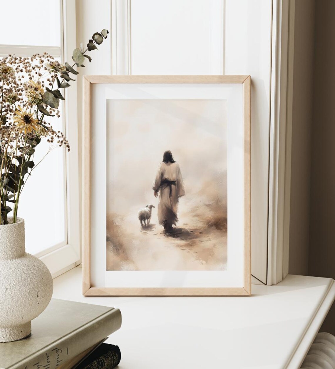 Jesus And A Little Lamb Walking Away Into Golden Mist Sepia Poster - Image 4