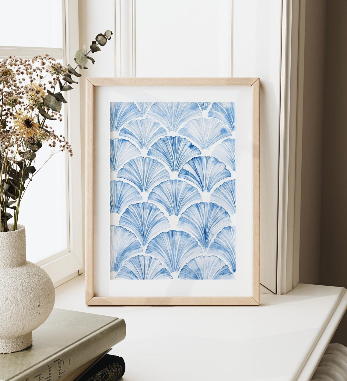 Blue Scallop Shell Pattern Watercolor Coastal Beach House Wall Art - Image 3