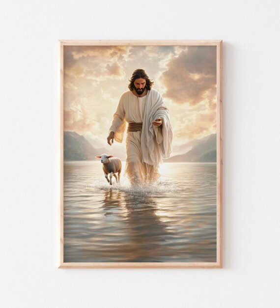 Jesus and the Lost Lamb Walking on Water Christian Art Poster