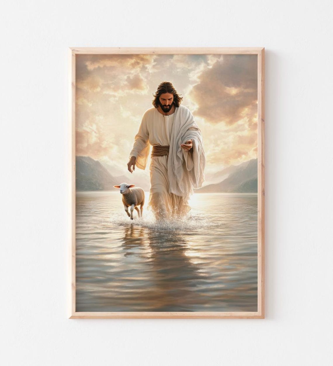 Jesus and the Lost Lamb Walking on Water Christian Art Poster