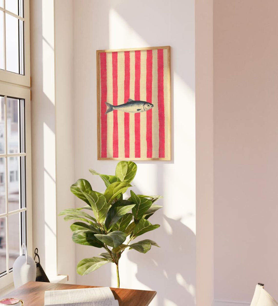 Classic Dark Sardine on Bold Red Cream Stripes Vintage Fish Art Poster - Image 3