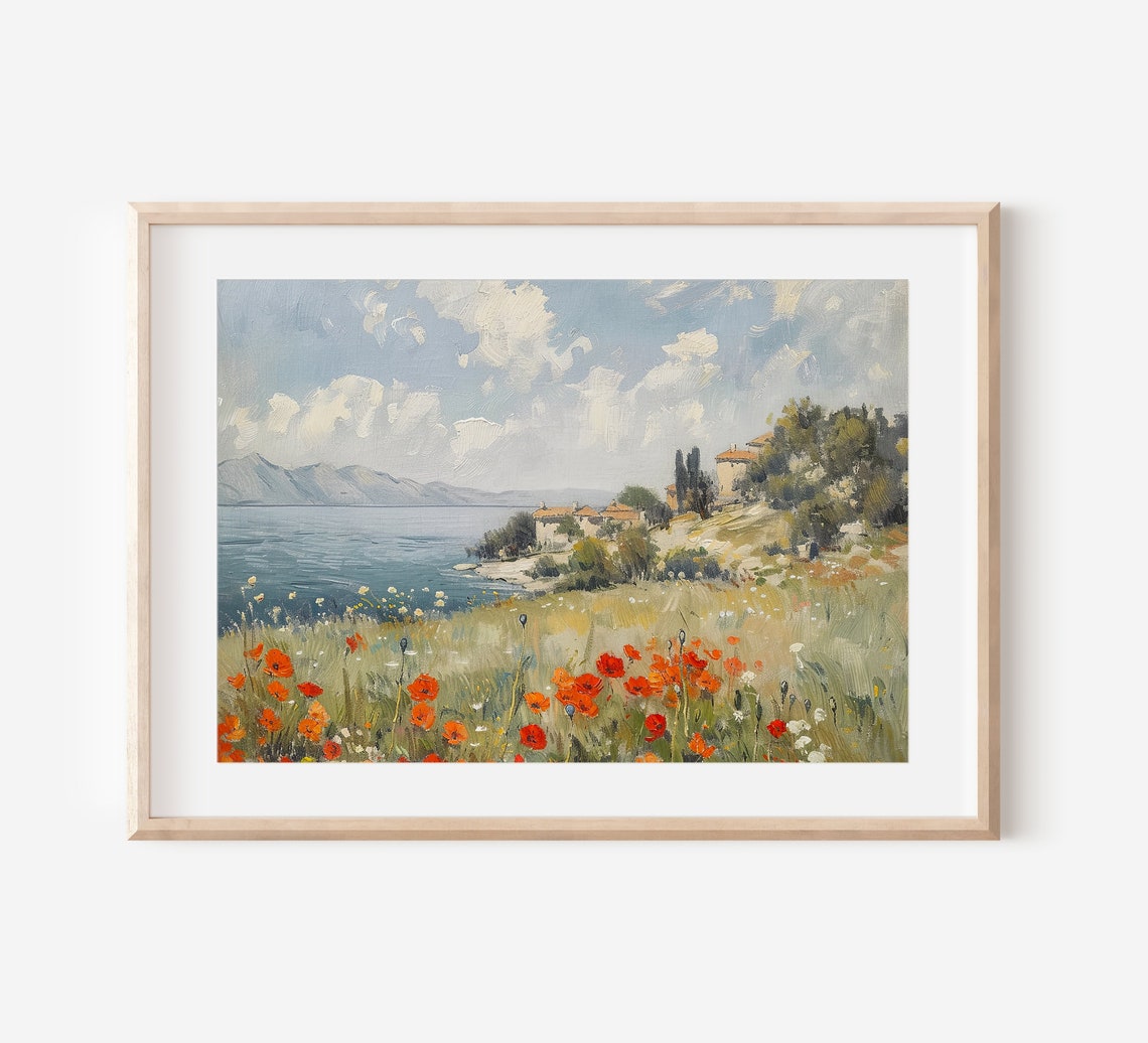 Mediterranean Coastal Village With Red Poppies Sunny Seaside Print - Image 2