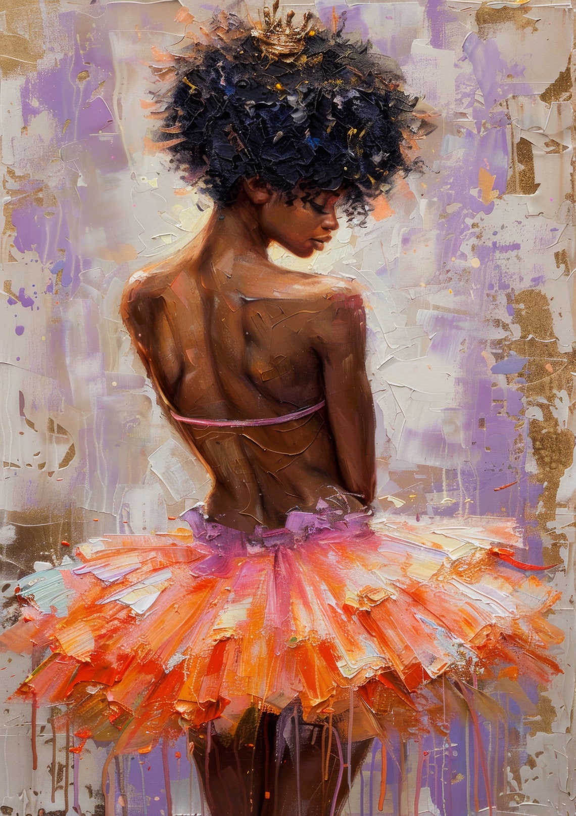 Black Ballerina in Orange Tutu Back View Textured Ballet Dance Poster - Image 2