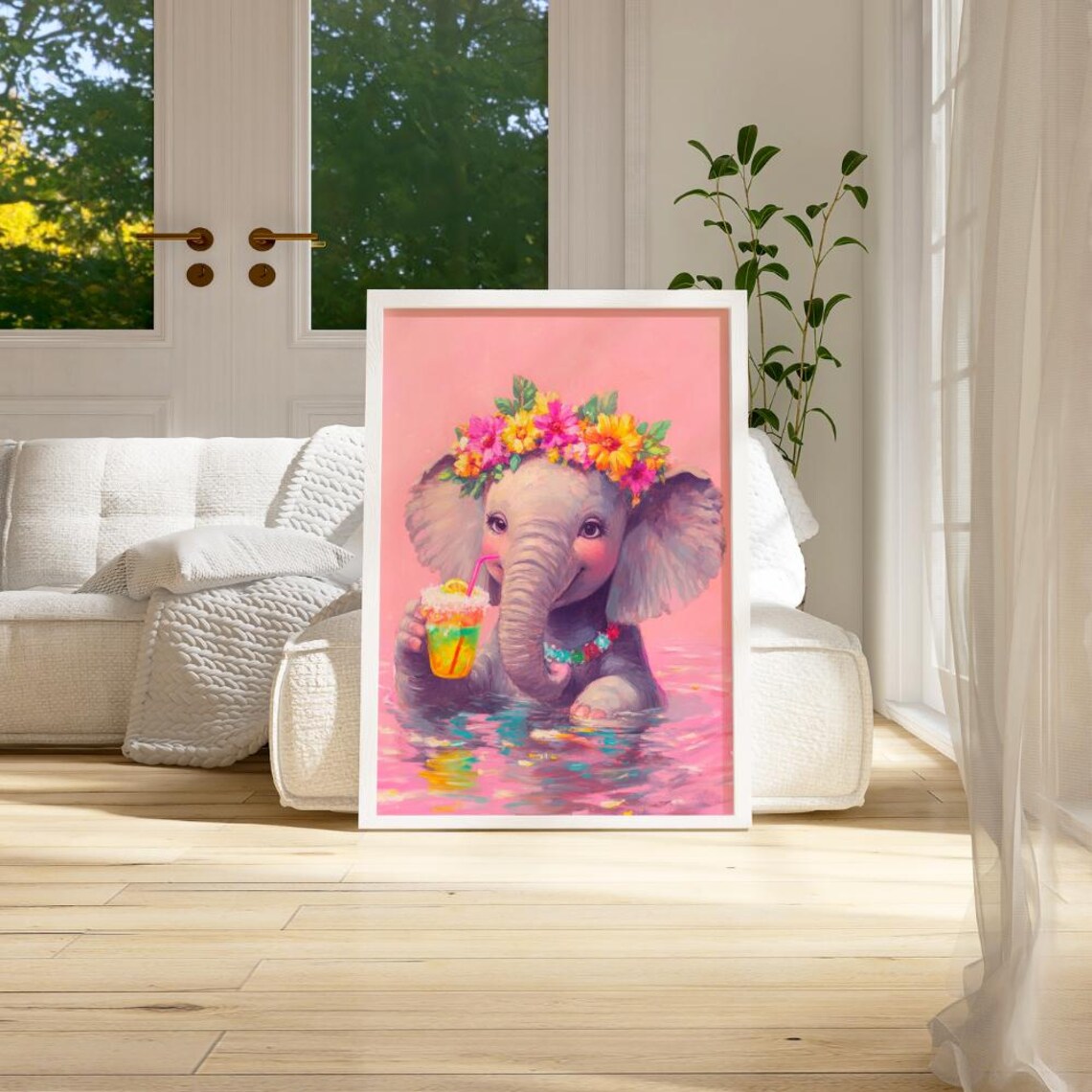 Cute Pink Elephant Hawaii Maximalist Animal Print - Image 3