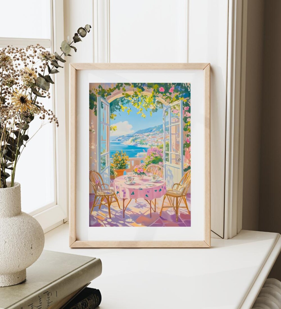 Sunlit Open Terrace Overlooking Mediterranean Coast Art Print French Doors View - Image 4
