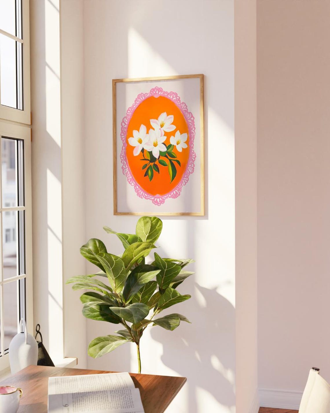 White Magnolia Floral Art Orange Lace Oval Vintage Style Poster - Image 3