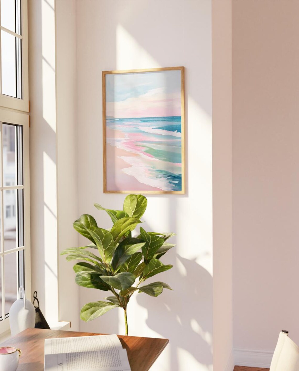 Abstract Pastel Ocean Painting Pink Coastal Waves Watercolor Poster - Image 2