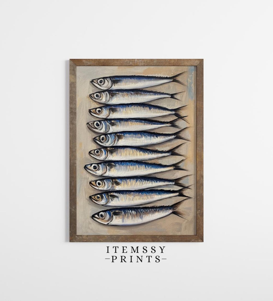 Neat Row Of Silver Sardines On Warm Beige Vintage Fish Poster - Image 2