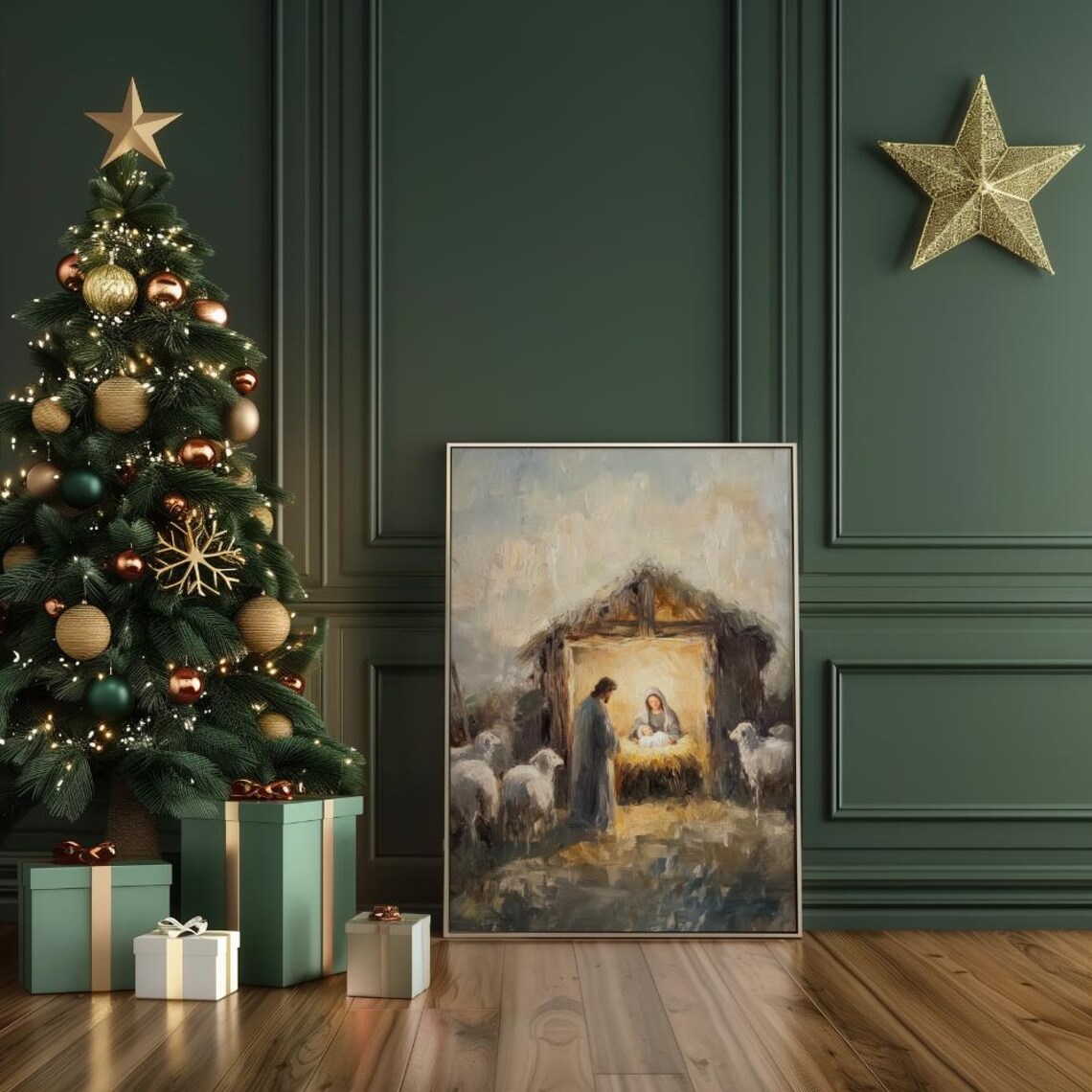 Holy Nativity Scene With Family In Straw Manger And Sheep Poster - Image 3